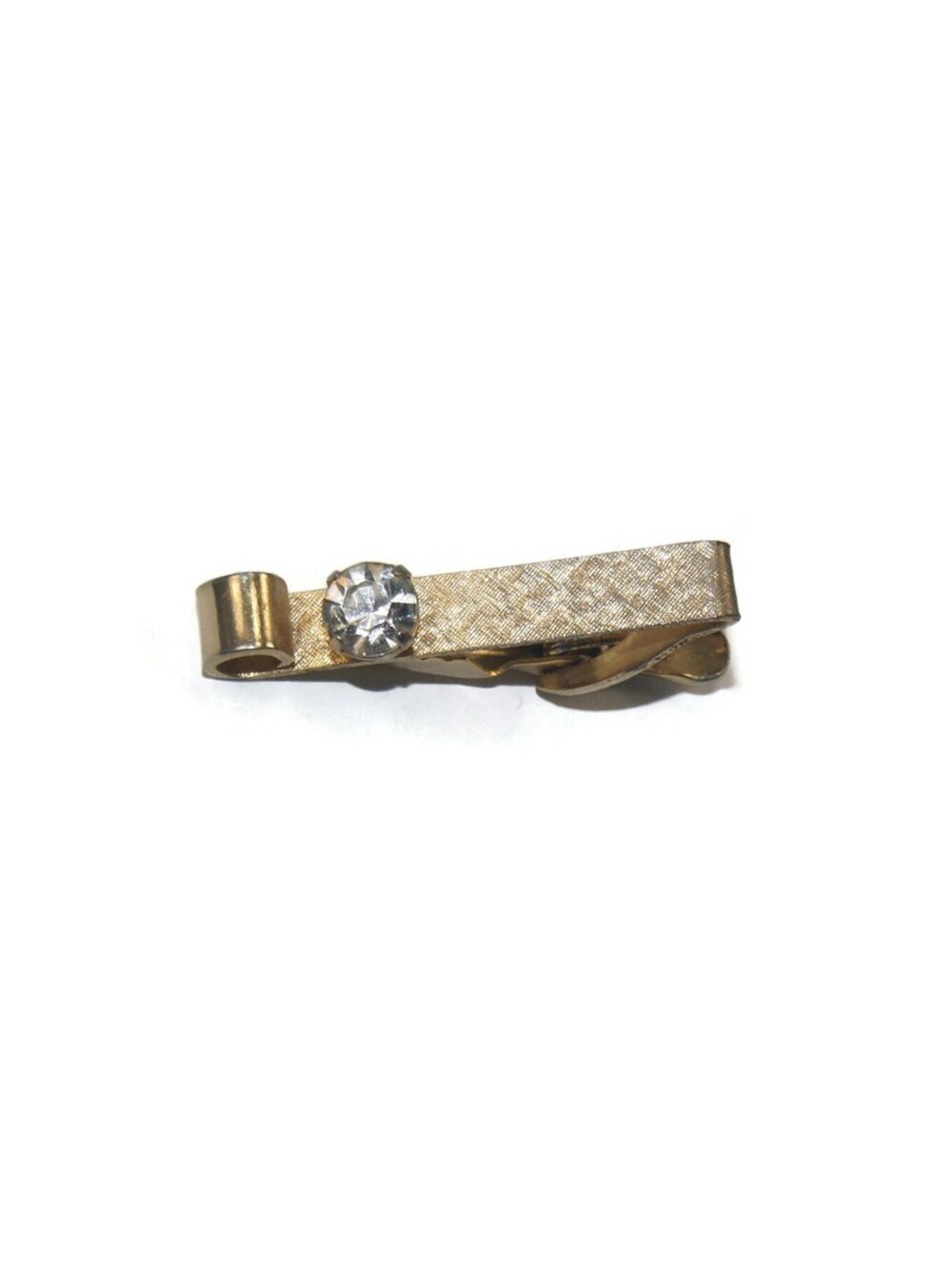 Glamorous Vintage Textured and Smooth Gold Tone and Rhinestone Tie Clip.